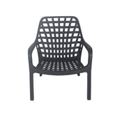 Klara Outdoor Chair in grey featuring weatherproof and UV-resistant plastic, lattice-style design for water drainage, durable and modern seating for patios, gardens, or poolside areas.